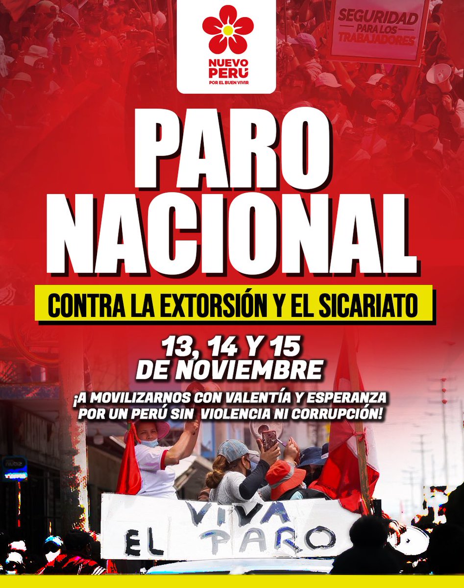 ¡Nos sumamos al #ParoNacional del 13, 14 y 15 nov! 💥 Es momento de unir nuestras fuerzas contra las mafias que siguen golpeando a trabajadores del transporte, pequeños comerciantes y ciudadanía ante la indolencia de #DinaAsesina y sus aliados del Congreso. #DerogatoriaLey32108