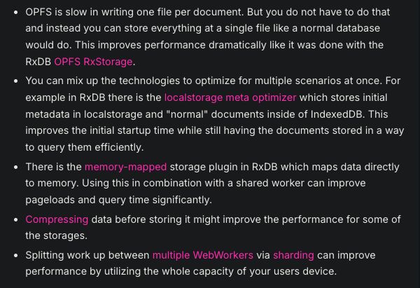 if you'd like to build Notion-style apps by compiling SQLite to WASM (like they did) and are evaluating options, I found this RxDB page very helpful for comparisons. 

LocalStorage vs. IndexedDB vs. Cookies vs. OPFS vs. WASM-SQLite