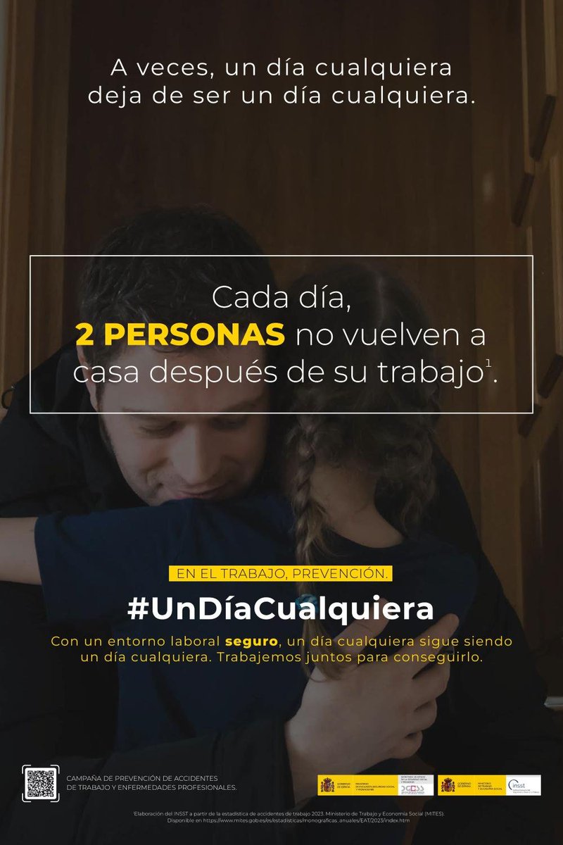 ❓¿Sabes que en España cada día 2 personas no vuelven a casa después de su trabajo?

Con prevención, podemos conseguir cambiar este dato, para que un día cualquiera siga siendo #UnDíaCualquiera

Visita la web de la campaña, y ayúdanos a difundirla
👉run.gob.es/pdjae373
#INSST