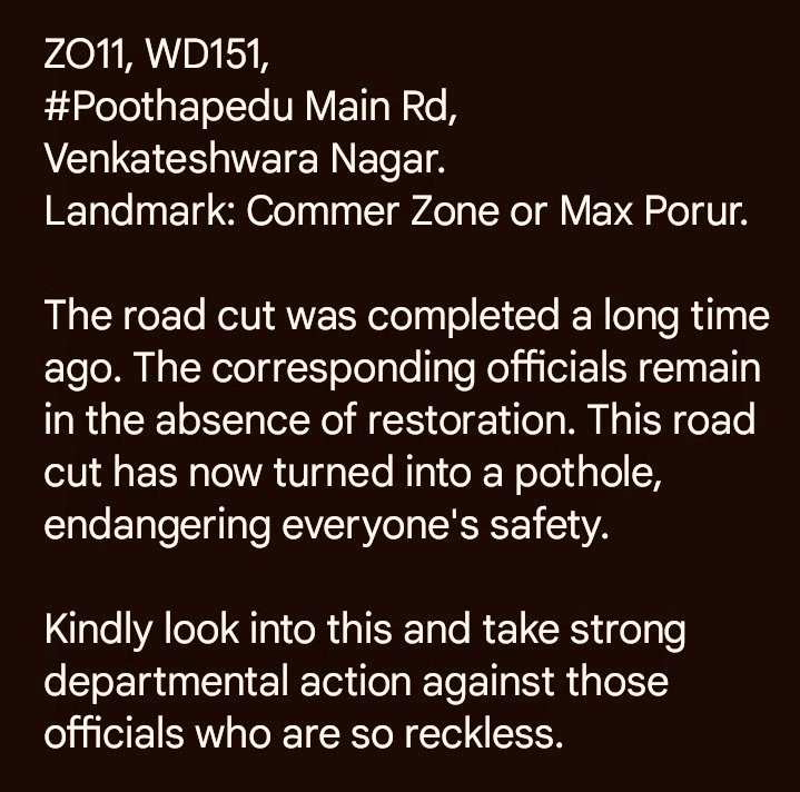 BalajiGopalanCH's tweet photo. Retweet:
ZO11, WD151, 
#Poothapedu Main Rd, #Porur 

📍https://t.co/FbUKnwRh2Q

#Roadcut #Restoration

Kindly look into this and take strong departmental action against those officials who are so reckless.

@Chief_Secy_TN
@CMOTamilnadu 
@cmrlofficial https://t.co/C3iETadc8U