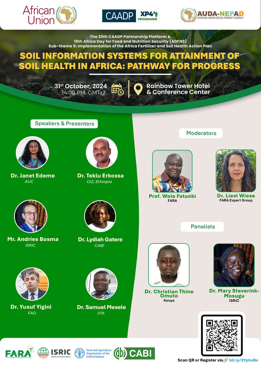 A recap from the side event "Soil Information Systems for Attainment of Soil Health in Africa: Pathway for Progress" during the 15th Africa Day for Food and Nutrition Security (ADFNS)
soils4africa-h2020.eu/news/key-takea…