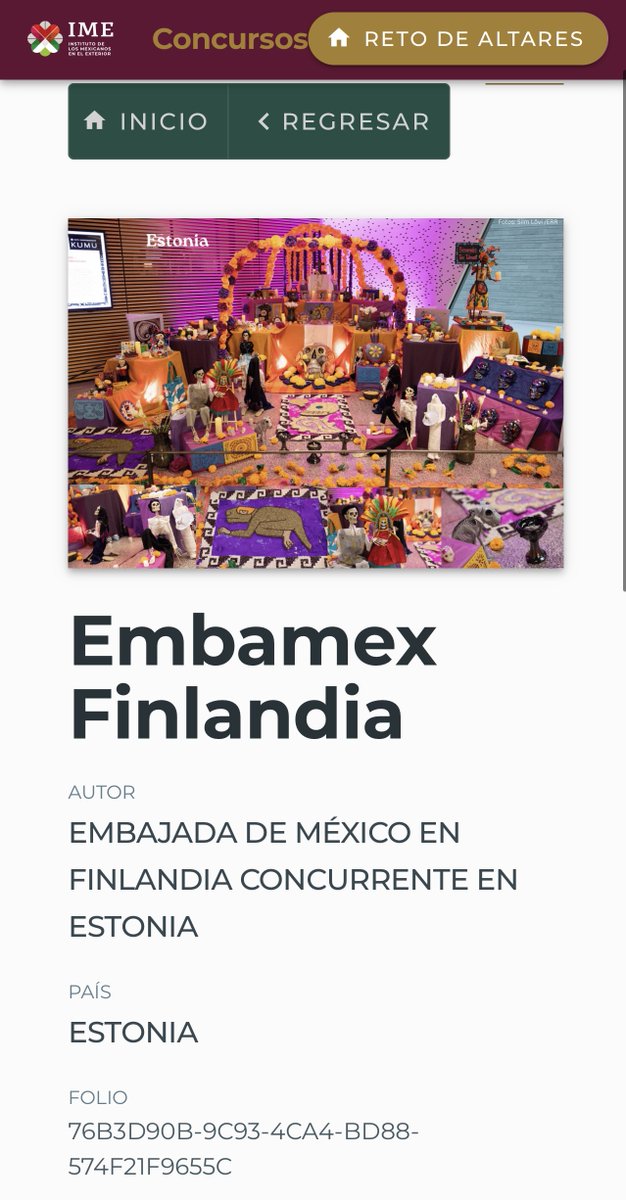 EmbaMexFin's tweet photo. Attention 🇪🇪!
We invite you to vote for the Day of the Dead Altar installed by the Embassy, the Kumu Art Museum and 🇲🇽 artists based in 🇪🇪 in the @IME_SRE “Altar Challenge”. Page 4 of the “Representaciones” category.

🗳️https://t.co/1J28Jr4PqA https://t.co/bFb2vbNMnZ