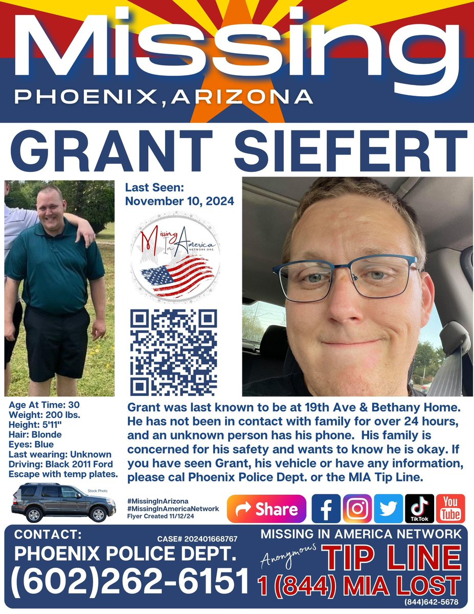 missingNamerica's tweet photo. Grant Seifert (30) is MISSING from Phoenix, Arizona near 19th Ave & Bethany Home.
His vehicle is also missing, a Black 2011 Ford Escape with temporary paper plates. An unknown person has his phone and contacted his family but did not give any information as to who or why they have the phone.

This is an extremely concerning disappearance and we really need the community to be on the look out for Grant or his vehicle.
If you have any information please contact Phoenix Police or our tip line. Your call can be anonymous.
#MissingInAmericaNetwork #MissingInArizona #MissinginAmerica #CareAndShare @MissingNArizona
#CareAndShare 💛 @GurlGeekInFL @Terra_Diane @ArcticfoxTrue @miracle4missing @JointheMOBcrew @erin_knabel @Freyja55228624 @truecrimereplay @TrueCrimeSister @AwarenessTCS @jodicita @lauri0226 @GabbyFind @aware_the @danijbuth @SleuthMom12 @CrimeNJusticeYT @misslmrodriguez @iamlegacy23 @Chloe_DXM @901Lulu @LESLEY000007 @KathiVampyKay @momsource_org @RetweetPeople1 @weston_tina @sfamdk @M1SSINGPERSONS @stuarwebb2 @Jccindy1Cynthia @AnalystHealth @TJ_Ormseth @stars2p @vern_gilbert @CoffindafferFBI @BanfieldonNN @dateline_keith