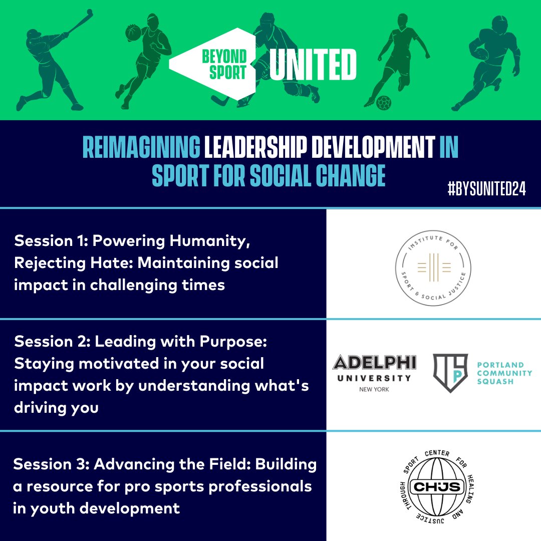 First up we're 'Reimagining Leadership Development in #SportforSocialChange' with workshops from <a href="/InstituteSSJ/">The Institute for Sport & Social Justice</a>, <a href="/AdelphiU/">Adelphi University</a>, Portland Community Squash &amp; <a href="/CHJSorg/">Center for Healing and Justice through Sport</a>! #BYSUnited24