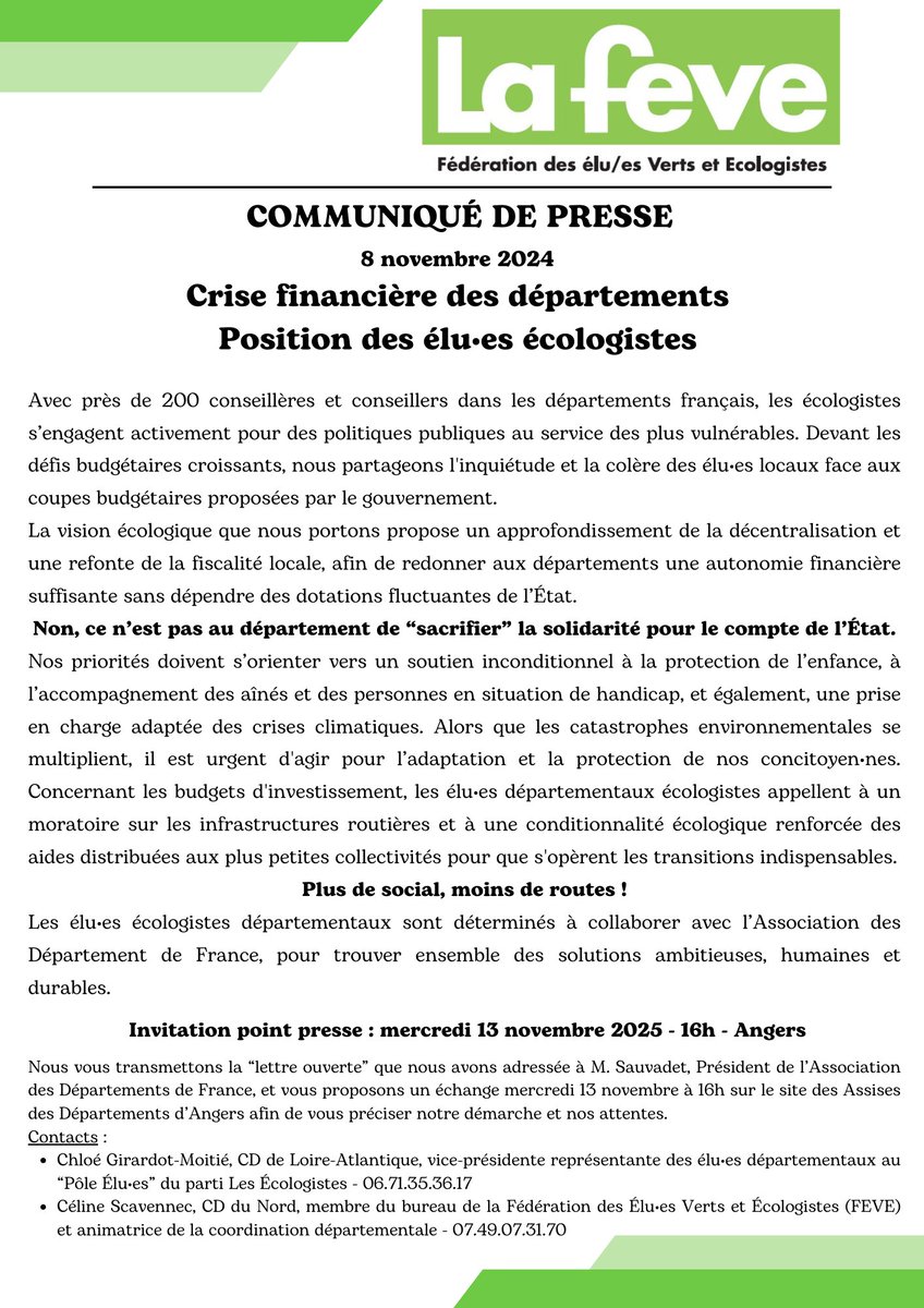 🧶Les élu·es écologistes départementaux se tiennent aux côtés des publics les plus vulnérables et soutiennent les récents communiqués de <a href="/ADepartementsF/">Départements de France</a>. Ensemble, nous refusons l'austérité qui affaiblit les solidarités locales🌱✊
👉Notre lettre ouverte lafeve.fr/lettre-ouverte…