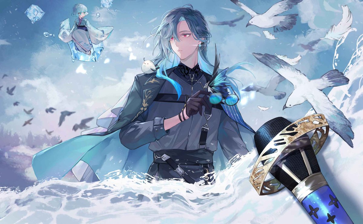 kyouko_wakakusa's tweet photo. 祝萊伊生日快樂＆即將滿月🤍
送圖前有諸多猶豫，謝謝萊伊、staff們和冰塊們的溫暖。
想表達主播與冰塊在啟程時相遇，還有點迷惘，卻仍試著彼此凝望。非常感謝豆zuさん這次也完美呈現一切意境！
冰塊的設定是無性別和風妖怪，很開心你們喜歡🧊
我們剛開始。要和萊伊一起去看明天的風景🫶
#Graal_art https://t.co/1KC4ckc0OM