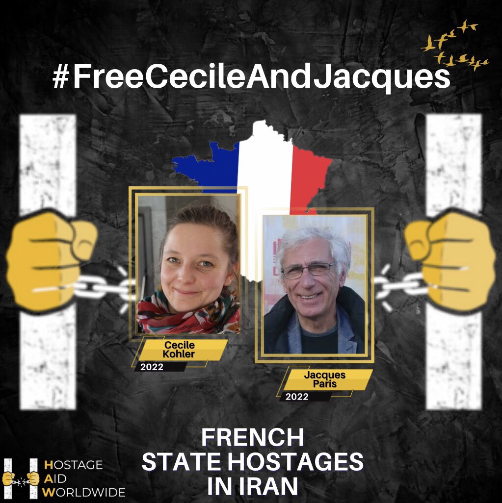 HostageAid's tweet photo. Iran’s judiciary spokesperson claimed that 🇫🇷 state hostages in #Iran, Cecile Kohler & Jacques Paris, “are in good health & being held in good detention conditions.” 
There is nothing "good" about Evin prison, which is notorious for its inhumane conditions. There is nothing “good” about arresting 2 innocent people on baseless espionage charges & forcing them to make false confessions.
With their sham trial set for Nov. 24, we urge @EmmanuelMacron & @jnbarrot to put an end to this farce & bring them all home.

@MichelBarnier @francediplo @amnestyfrance @FranceenIran @FnecFpFO @NathalieLoiseau @rglucks1 @fabienne_keller @guetta_en @AnneSanderElue @Noemie_Kohler @FreeCecile_