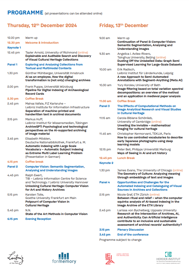 Leibniz-Forschungsverbund "Wert der Vergangenheit" (@leibniz_values) on Twitter photo Invitation: Conference "Artificial Intelligence in Archives and Collections" | Marburg | 12-13 December 2024
Organised by <a href="/LeibnizHI/">Herder-Institut für hist. Ostmitteleuropaforschung</a> <a href="/leizarchaeology/">Leibniz-Zentrum für Archäologie (LEIZA)</a> <a href="/NFDI4memory/">NFDI 4Memory (@NFDI4memory@nfdi.social)</a>
Register here 👇
eveeno.com/441936742 Invitation: Conference "Artificial Intelligence in Archives and Collections" | Marburg | 12-13 December 2024
Organised by <a href="/LeibnizHI/">Herder-Institut für hist. Ostmitteleuropaforschung</a> <a href="/leizarchaeology/">Leibniz-Zentrum für Archäologie (LEIZA)</a> <a href="/NFDI4memory/">NFDI 4Memory (@NFDI4memory@nfdi.social)</a>
Register here 👇
eveeno.com/441936742