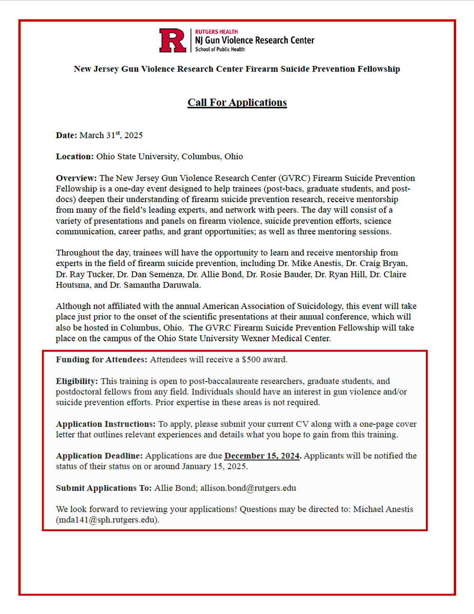 Allie Bond (@alliebond12) on Twitter photo Excited to help <a href="/PsychBrownBag/">Mike Anestis, PhD</a> & <a href="/NJGVRC/">NJ Gun Violence Research Center at Rutgers SPH</a> host a one-day Firearm Suicide Prevention Fellowship on March 31! A great chance for trainees to learn, network, and receive mentorship. No expertise needed—apply if you're interested in suicide or gun violence research! Excited to help <a href="/PsychBrownBag/">Mike Anestis, PhD</a> & <a href="/NJGVRC/">NJ Gun Violence Research Center at Rutgers SPH</a> host a one-day Firearm Suicide Prevention Fellowship on March 31! A great chance for trainees to learn, network, and receive mentorship. No expertise needed—apply if you're interested in suicide or gun violence research!