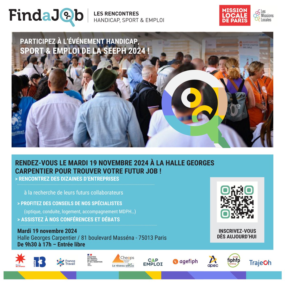 mlbdm94's tweet image. Ne manque pas l'événement Sport &amp;amp; Emploi SEEPH 2024 dédié aux personnes en situation de Handicap ! 💼⚽

Mardi 19 novembre, à la Halle Georges Carpentier / 81 boulevard Masséna - 75013 Pari, de 9h30 à 17h.

Pour plus d'infos, contacte ton conseiller ou ta conseillère !