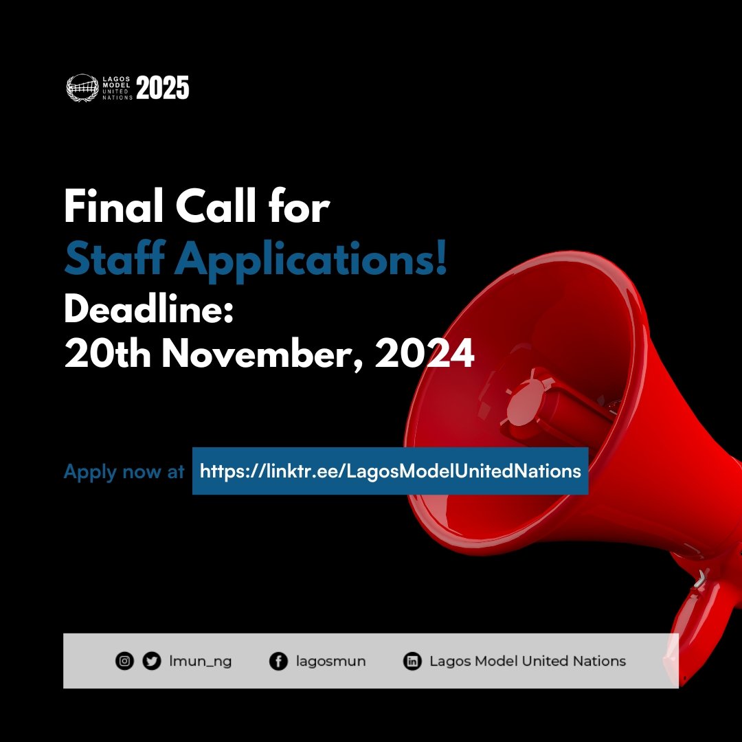 lmun_ng's tweet photo. FINAL CALL๐๐
The deadline for LMUN 2025 staff applications is the 20th of November!
Sign up and secure your spot as part of the LMUN 2025 team. Donโt miss out on the amazing opportunity and spread the word! โจ
Apply here: https://t.co/INw6XRDKM3
#lmun2025 #staffapplication https://t.co/iaUN0tfMve
