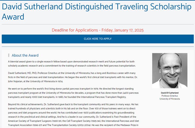 🚨OPPORTUNITY!
IPITA's David Sutherland Travelling Award!
For 1 fellow with potential for research in pancreas transplantation. 
Travel to 1-2 institutions leaders in the field ✈️🌍
Deadline: Jan 17, 2025. 
Apply 👇
shorturl.at/Z6qRD
<a href="/ttsorg/">TTS</a> <a href="/IPITAgroup/">IPITA</a> <a href="/BreakthroughT1D/">Breakthrough T1D</a>