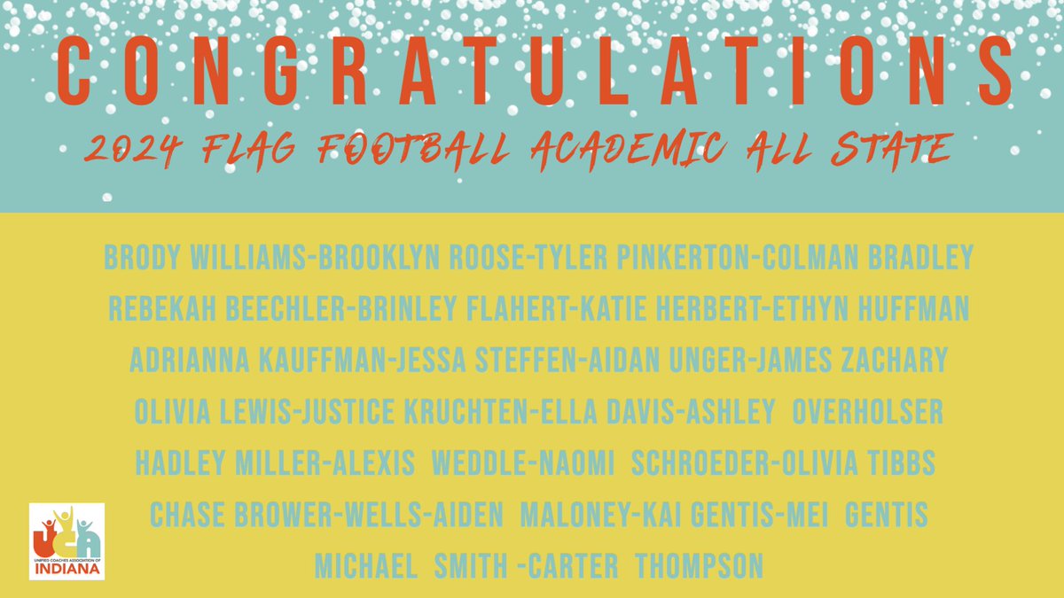Congratulations to 2024 Flag Football Academic All State.  Well done in the classroom.  <a href="/SOIndiana/">Special Olympics Indiana</a> <a href="/ChampsTogether/">Champions Together</a> <a href="/IHSAA1/">IHSAA</a>
