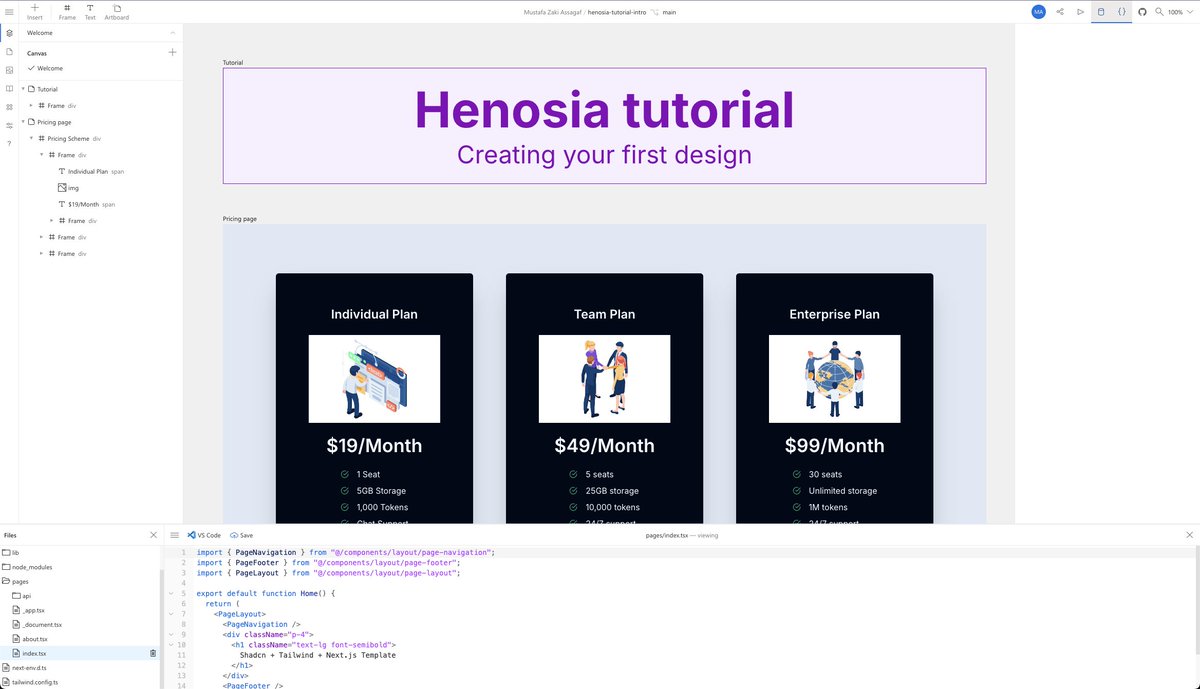 Trying out <a href="/HenosiaHQ/">Henosia</a> right now. Visual IDE for nextjs. Finally I don't need to make the figma and replicate it to code