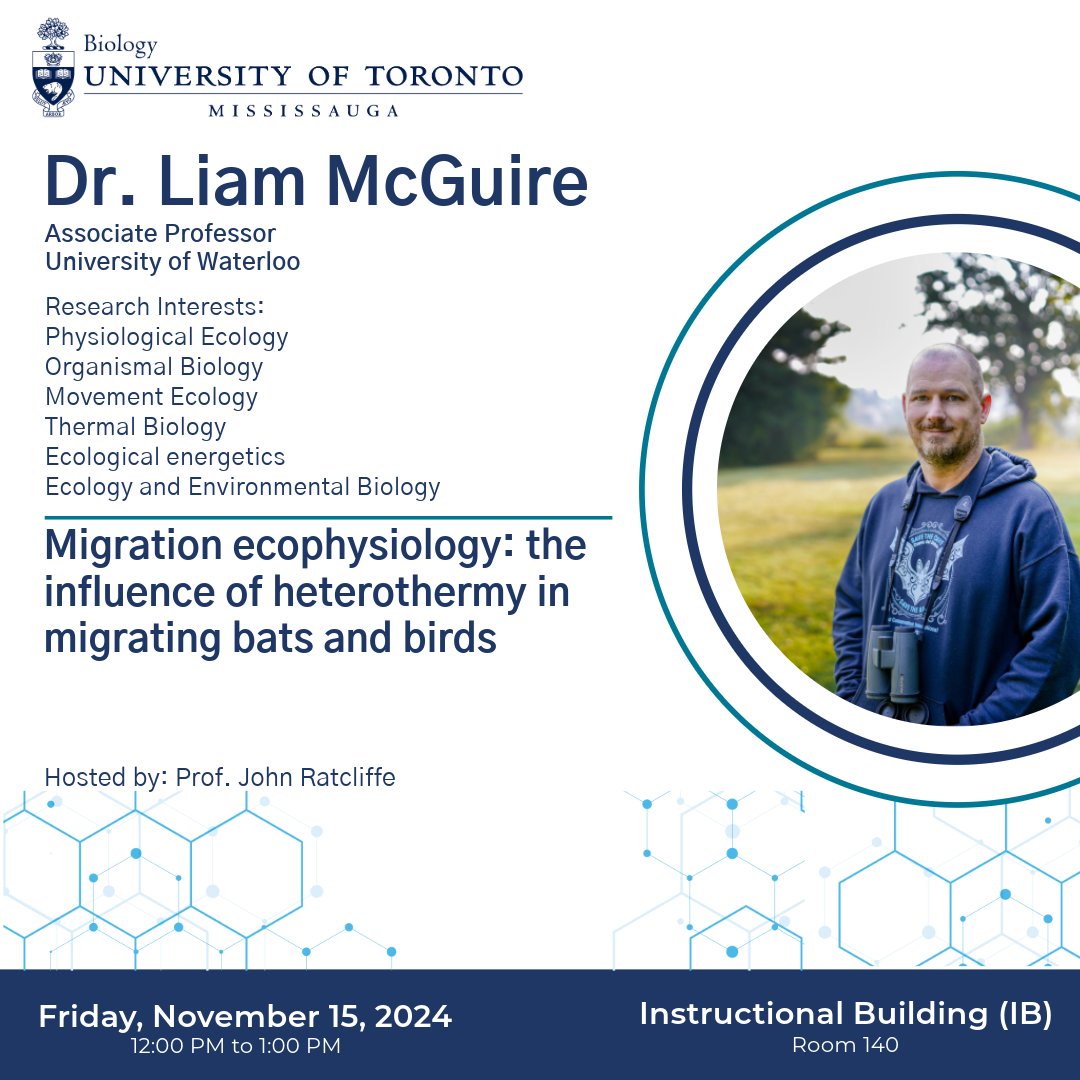 Coming to UTM this Friday to speak in the Biology Seminar Series is Dr. Liam McGuire from the University of Waterloo! 🦇🦉

Zoom Link: utoronto.zoom.us/j/86946534512
Meeting ID: 869 4653 4512
Passcode: 631467