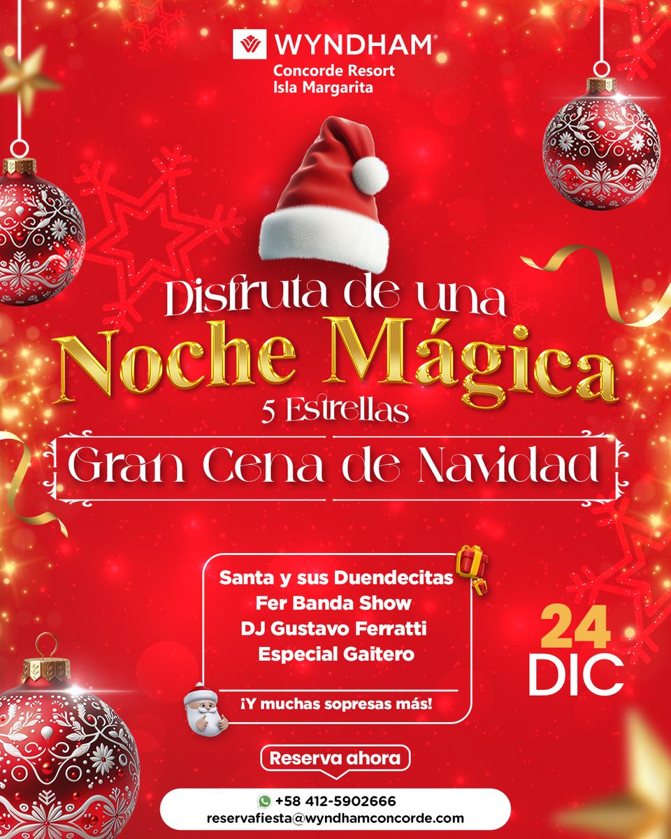 ¡Celebra la NAVIDAD en Wyndham Concorde! ✨
Este año, regala a tu familia una Navidad inolvidable.🎄🎅🏻
Wyndham Concorde te ofrece la mejor experiencia navideña 🎁🦌junto a:
Santa y sus duendecitas... 🧝🏻‍♂️🎅🏻
@fershowbad
@gustavoferrattidj
ESPECIAL GAITERO Y MUCHAS SORPRESAS MÁS🎄✨