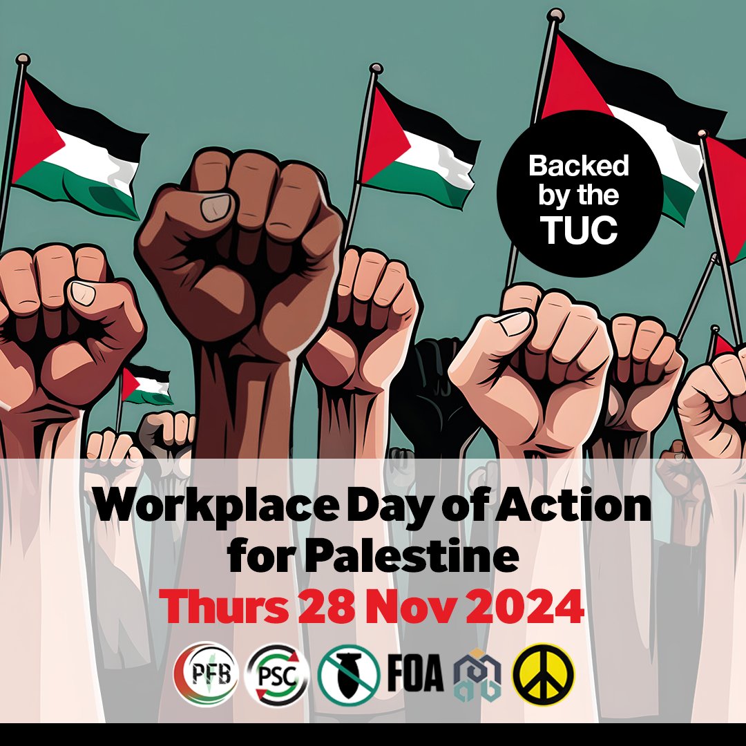 STWuk's tweet photo. Good to see the TUC and trade unions backing the workplace day of action for Palestine on 28 Nov, including calling for an immediate ceasefire and ending all licences for arms traded with Israel.
They've put this call to action 🔽 Get organising!
https://t.co/94kNn3WUOV https://t.co/lq8gFsd6St