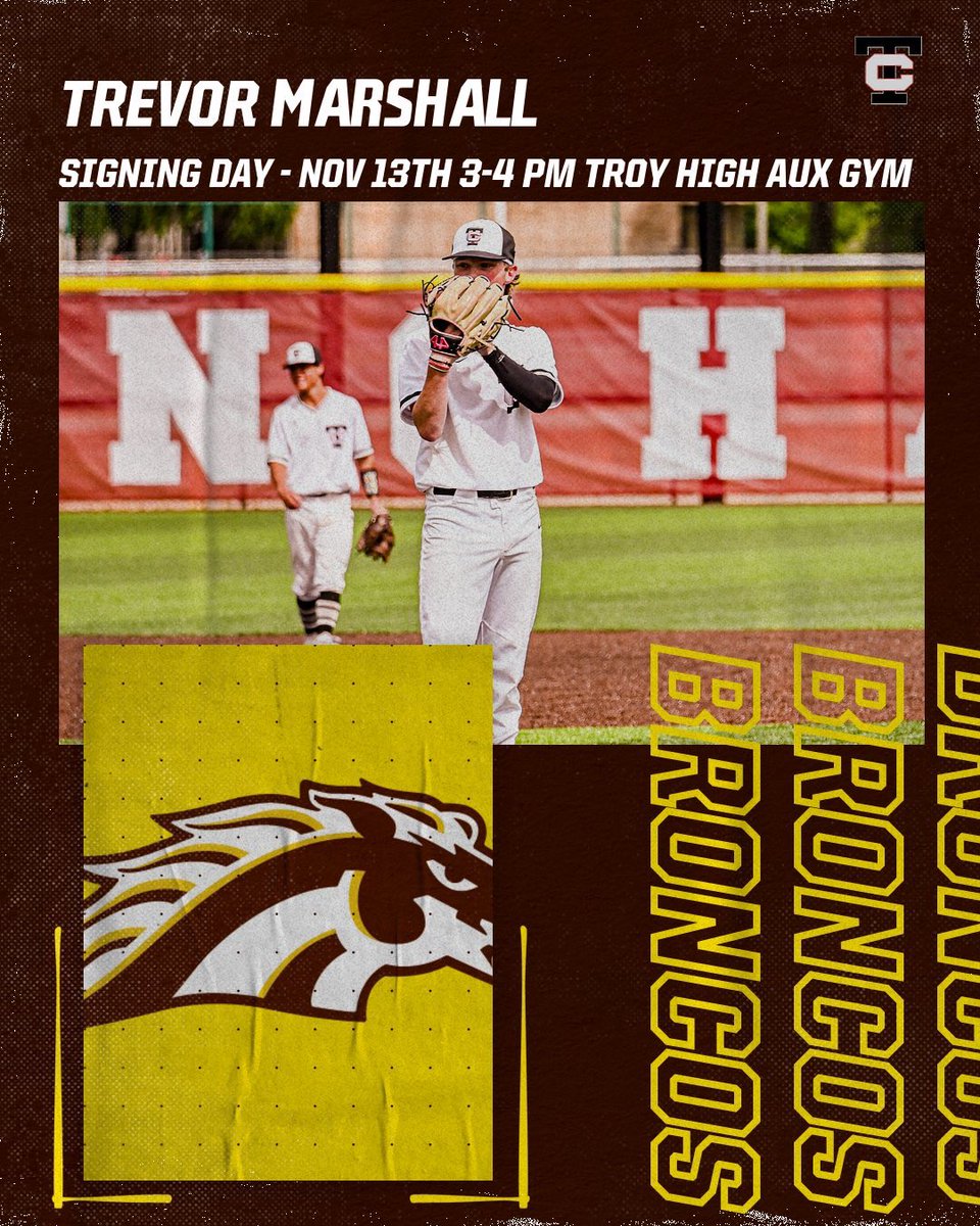 Trevor Marshall (@trevmarshall27) on Twitter photo Can’t wait to sign my letter of intent tomorrow at 3 at troy high! Go Broncos! <a href="/troycolts_base/">Troy Colt Baseball</a> <a href="/WMUBaseball/">Western Michigan Baseball</a> Can’t wait to sign my letter of intent tomorrow at 3 at troy high! Go Broncos! <a href="/troycolts_base/">Troy Colt Baseball</a> <a href="/WMUBaseball/">Western Michigan Baseball</a>