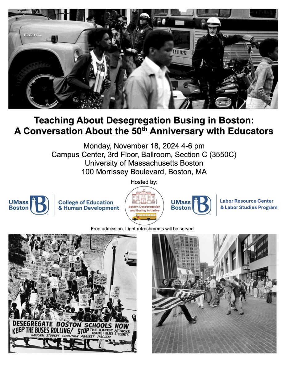 Less than a week away! Join us at <a href="/UMassBoston/">UMass Boston</a>  for a panel of <a href="/BostonSchools/">BostonPublicSchools</a> teachers discussing how they approach desegregation busing. Open to the public. Free refreshments. Monday 11/18/24 4-6 pm. Campus Center Ballroom C. For information/directions: blogs.umb.edu/secondaryeduca…