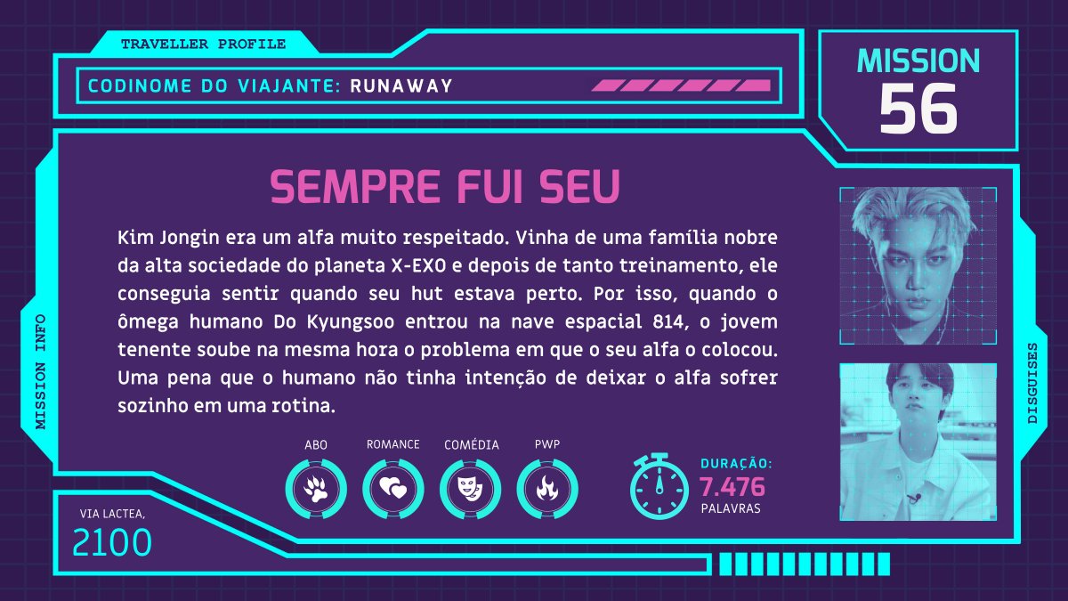 archiveksfest's tweet photo. 🚀 #MISSION56 - Sempre Fui Seu
👩🚀 Runaway
☄️ Classificação: Cometa
⚠️ Sexo explícito
https://t.co/YCR9AkgITP https://t.co/tJoh4dJQw2
