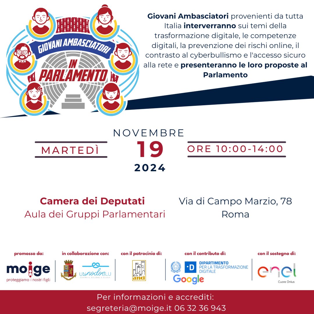 📷 I giovani prendono la parola in Parlamento!

Un evento unico che vede protagonisti i ragazzi selezionati dalla rete nazionale di oltre 8.500 Giovani Ambasciatori
📷 Aula dei Gruppi Parlamentari
📷 19 novembre 2024
📷 Ore 10:00
