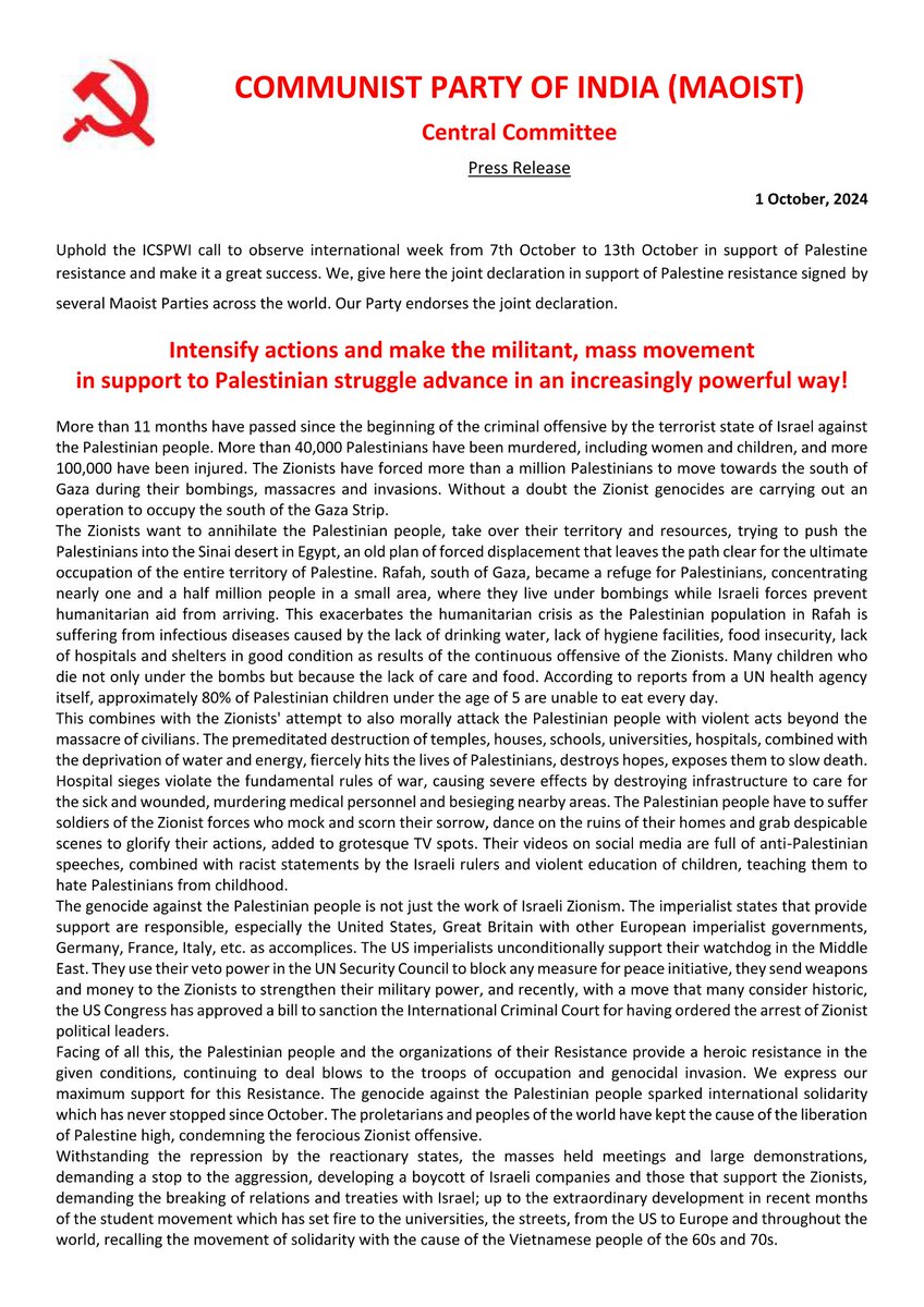 CamaradaYoldas's tweet photo. COMMUNIST PARTY OF INDIA (MAOIST) Central Committee Press Release 1 October
https://t.co/2jyO5Xmqcl
#CPIMaoist #ICSPWI
https://t.co/1rh1w8yNNd https://t.co/trURkXyc2C