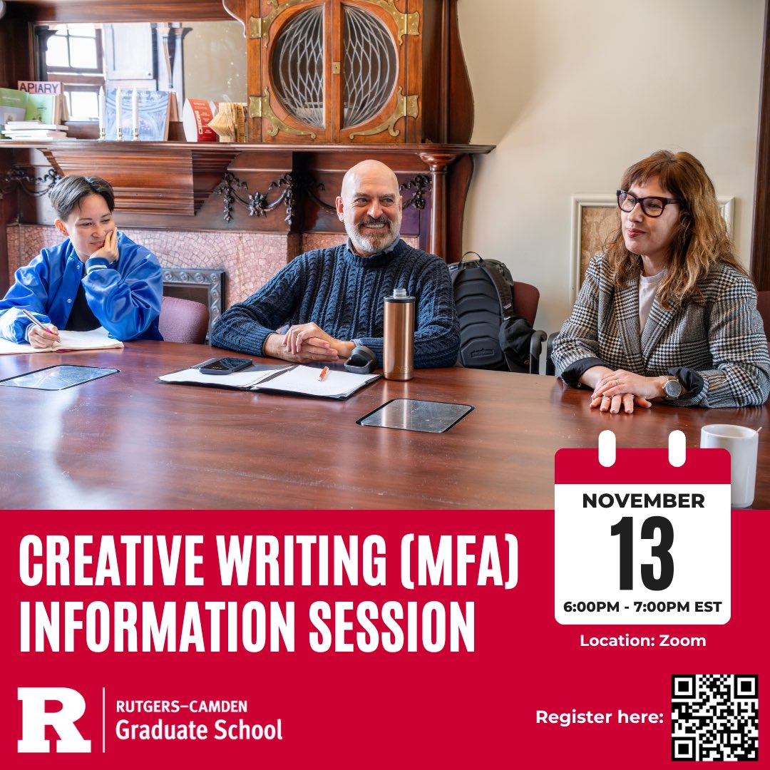 MFACamden's tweet image. Want to apply to our MFA Program? There’s still time to register for our last virtual info session of the season! Register at writershouse.camden.rutgers.edu/events. We’ll see you tomorrow at 6pm on Zoom!