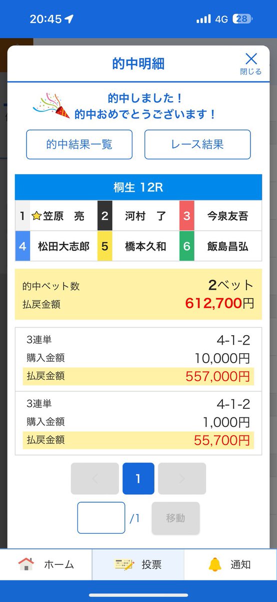 桐生12R

半帯チャレンジ！！！

厚めズバリ的中🎯

⚠️2日連続半帯的中です…

4-1-2        5570円×100枚

投資　　23000円

回収　　557,000円

💸PayPayご祝儀お裾分け！

条件　リツイート+いいね！

ランダム当選させます！