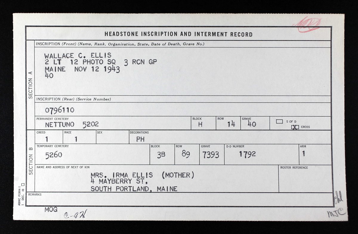WW2Researcher's tweet image. 2nd Lieutenant Wallace C. Ellis, of South Portland, Maine, and the 12th Photographic Group, was downed over Corsica on November 12, 1943, 81 years ago today. @WW2Researcher @AFmuseum @mainehistory