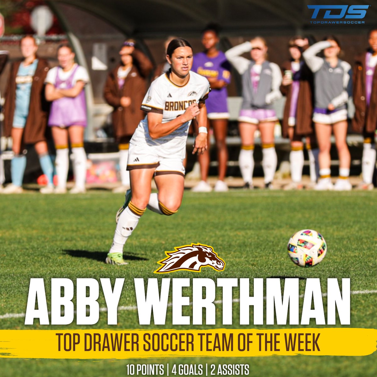 WMUWomensSoccer's tweet photo. After breaking the MAC record for points in a single match, Abby Werthman has earned Top Drawer Soccer National Team of the Week honors!   

READ -- https://t.co/9rVW4zEDZe   

#BroncosReign https://t.co/ML5FaHOwkb