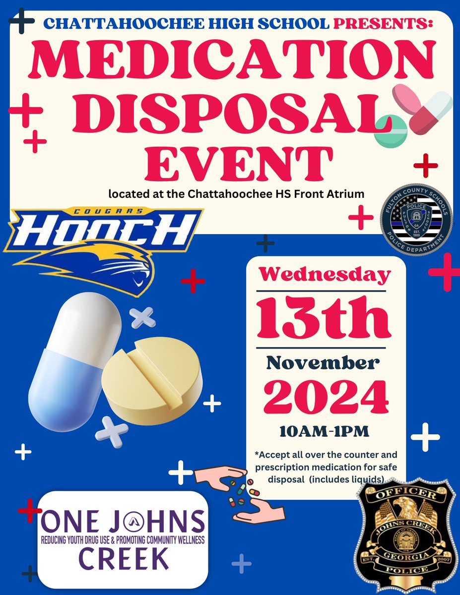 JohnsCreekPD's tweet photo. Trying to get rid of old medications- over the counter, prescription, even liquid? We are collecting them for safe disposal in the front atrium of Chattahoochee High School on Wednesday November 13th from 10am-1pm.
#JohnsCreek #JohnsCreekPD #StrongerTogetherJCPD #JCPDAnn https://t.co/ign73AAVb7