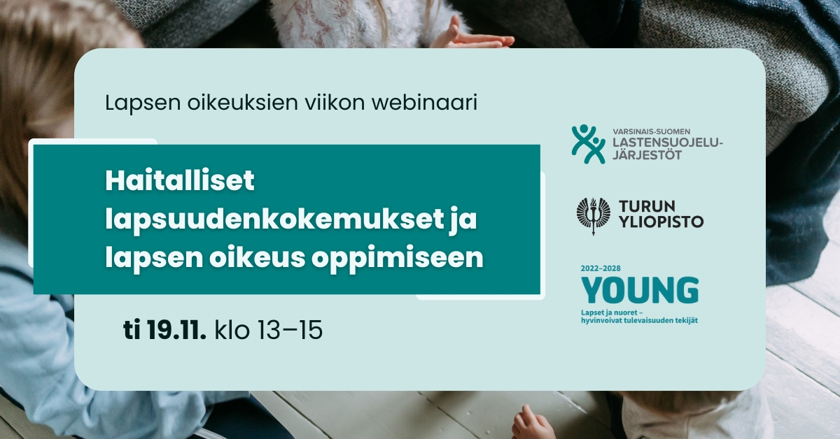UniTurku's tweet photo. Miten haitalliset lapsuudenkokemukset vaikuttavat lapsen oikeuteen oppia ja miten voimme turvata tuon oikeuden? Vastauksia luvassa @VSLJry @UniTurku &amp; Heidekenin tiedekummien Lapsen oikeuksien viikon webinaarissa 19.11. klo 13.

#OikeusOppimiseen #lapsuus

https://t.co/Cp424hOlIQ https://t.co/m9aFuXaj04