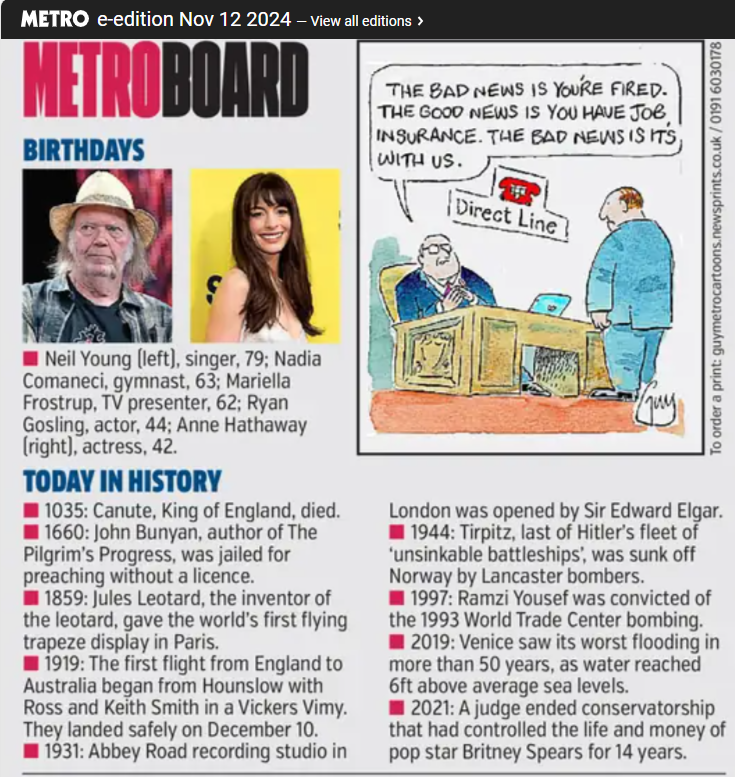 SoTodayIz's tweet photo. #12thNovember #OTD #OnThisDay #TodayInHistory #Today #sotodayis #sotodayiz #TodayIs #Birthday #Birthdaycelebration #NeilYoung #AnneHathaway #RyanGosling #NadiaComaneci #MariellaFrostrup #KingCanute #Leotard #AbbeyRoad #Tirpitz #Venice #BritneySpears https://t.co/49aLbFao5U