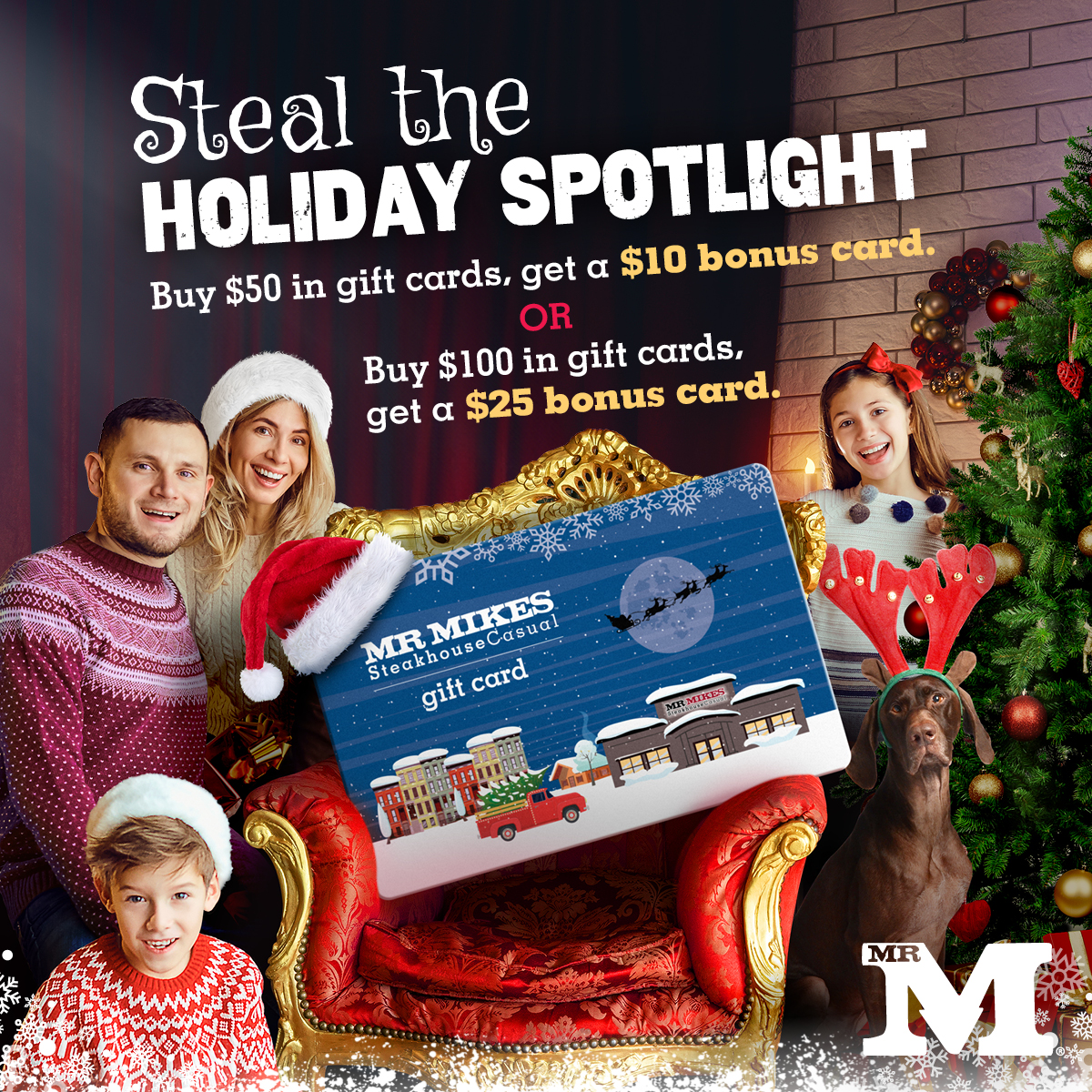 MrMikesOnline's tweet photo. Steal the spotlight this holiday season with MR MIKES gift cards! 🎁
Purchase $50 in gift cards, score a $10 bonus card, or go big—purchase $100, get a $25 bonus card!
Give more, get more. That's how you take centre stage in gift-giving!🌟
#HolidayShopping #GiftCardBonus #MRMIKES https://t.co/6AsklSAkXZ