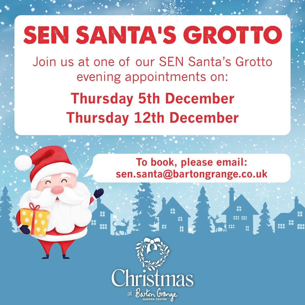 HO, HO HO! 🎅🏻
Special Educational Needs Santa's Grotto sessions are available this year here at Barton Grange on Thursday 5th December and Thursday 12th December! 🎅🏻
Find out more here bartongrange.co.uk/santas-grotto/✨❄️ #sen #specialneeds #grotto #santa #santasgrotto