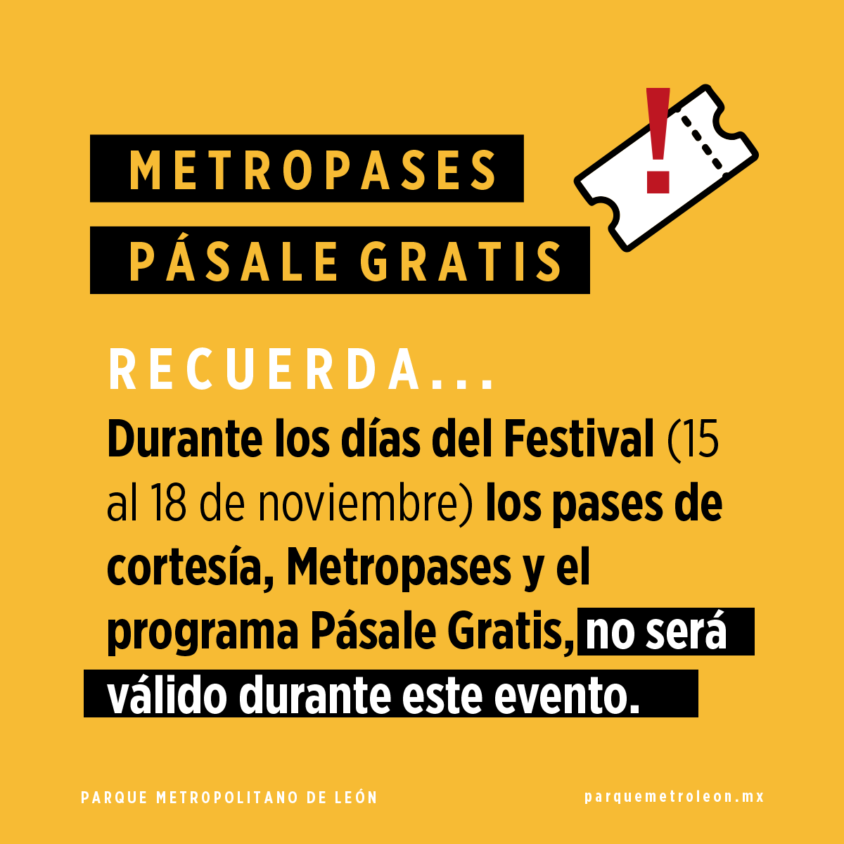 parkmetroleon's tweet photo. 🔴AVISO IMPORTANTE 
Con motivo del FIG 2024, el acceso al Parque estará restringido desde el jueves 14 de noviembre a las 9:00 am hasta el lunes 18 de noviembre a las 2:00 pm. Los Metropases, pases de cortesía y el programa Pásale Gratis no serán válidos.🎫 #AvisosParque #FIG2024 https://t.co/k4w4DyvmTe