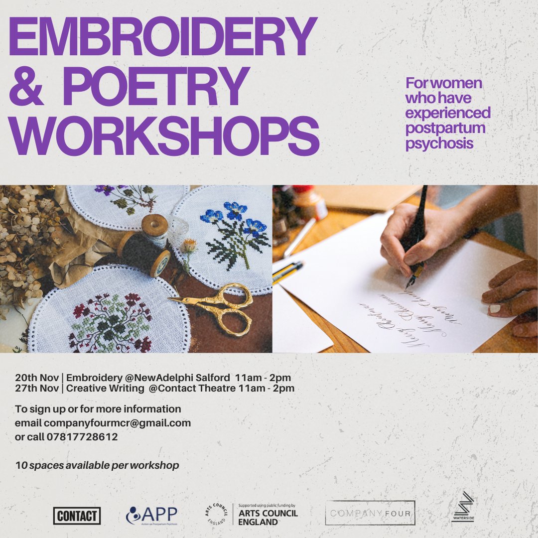 Action on Postpartum Psychosis (@actiononpp) on Twitter photo ✨ Join free creative workshops in Manchester ✨
We're inviting those with lived experience of postpartum psychosis in the Manchester area to two free workshops led by @companyfourmcr.
✉️ To sign up, email: companyfourmcr@gmail.com ✨ Join free creative workshops in Manchester ✨
We're inviting those with lived experience of postpartum psychosis in the Manchester area to two free workshops led by @companyfourmcr.
✉️ To sign up, email: companyfourmcr@gmail.com