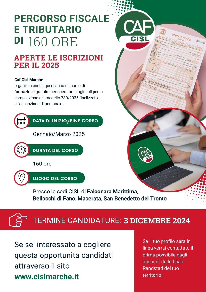cislmarche's tweet photo. Aperte le iscrizioni per il PERCORSO FISCALE E TRIBUTARIO 2025! 

Caf Cisl Marche organizza un corso di formazione gratuito di 160 ore per operatori stagionali specializzati nella compilazione del modello 730/2025, finalizzato all'assunzione di personale.

https://t.co/ako44mqcW0 https://t.co/PUbvwrbmDP
