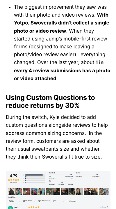 - submission rate up 37% (more reviews)
- 1 in 4 includes a photo or video + now asking custom questions (more useful reviews)
- 30% lower return rate

Help customers understand your products &amp; good things happen: junip.co/blog/swoverall…