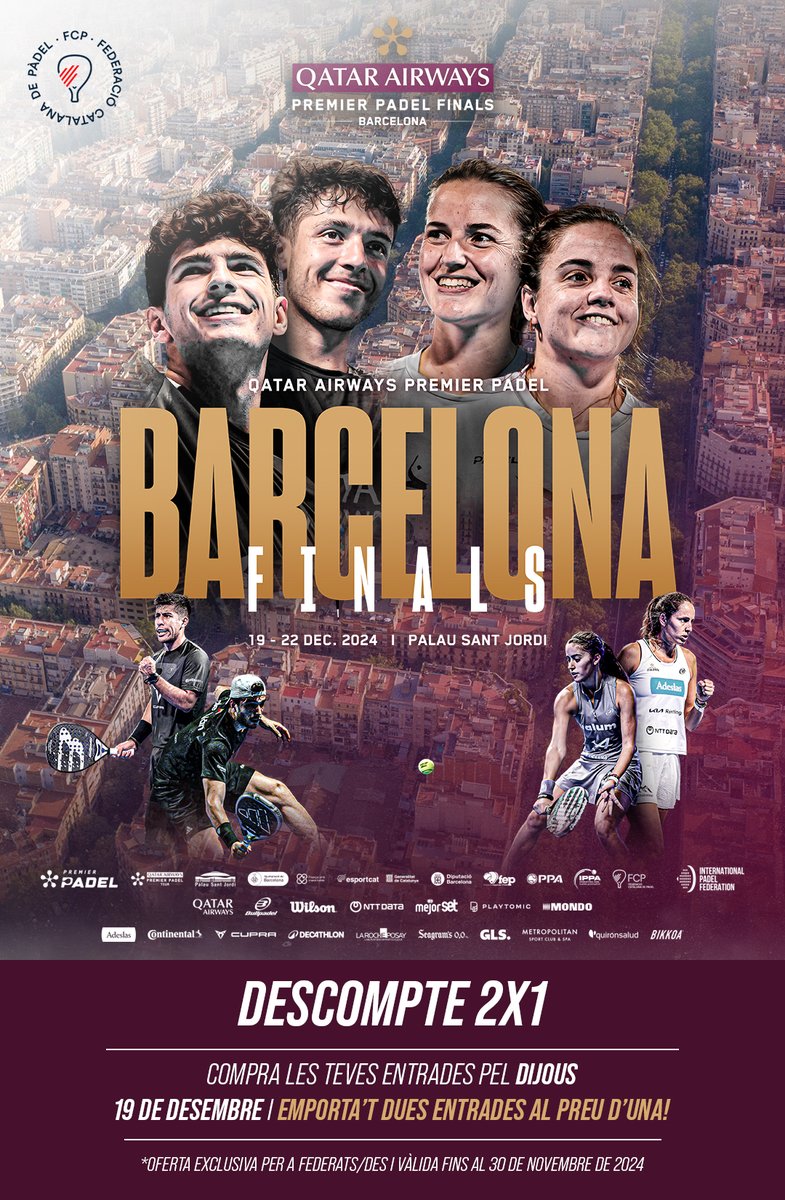 🗓️ Queda poc més d'un mes per gaudir de l'esdeveniment de pàdel més esperat de l'any! Del 19 al 22 de desembre, el Premier Padel Finals Barcelona arriba al Palau Sant Jordi.

⚡️ Gaudeix del descompte exclusiu per federats durant el mes de novembre!

🤩 T'ho perdràs?