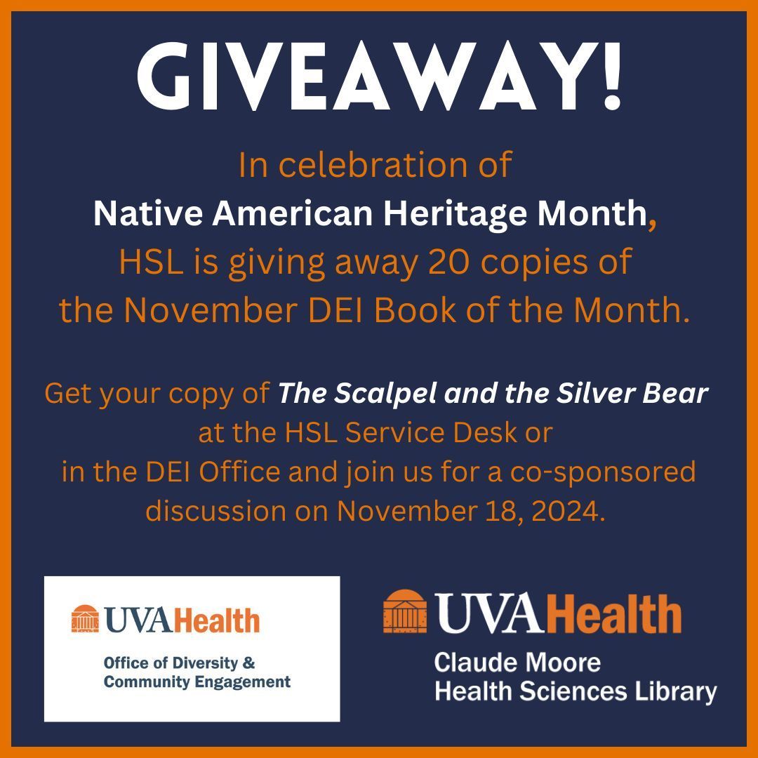HSL is giving away 20 copies of NAHM DEI Book of the Month, The Scalpel and the Silver Bear! Get a free book at the HSL Service Desk and the DEI Office, while supplies last. Join us for a book discussion on November 18. For registration/more details: buff.ly/3NX6Fta