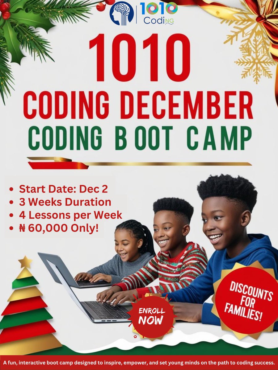 1010Coding's tweet photo. Give your kids the gift of an amazing holiday package and let them kickstart their tech journey with @1010coding today! With a whopping 50% discount this holiday.
For inquiries please send an email to info@1010coding.com https://t.co/tRMMO1LzHe
