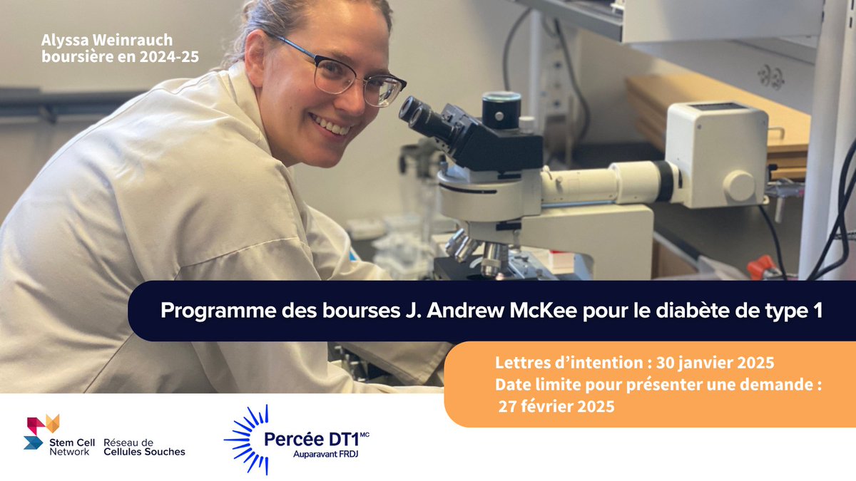 Stem Cell Network (@stemcellnetwork) on Twitter photo Les demandes sont actuellement acceptées pour le Programme des bourses de recherche J. Andrew McKee sur le diabète de type 1 soutenu par le RCS et <a href="/PerceeDT1/">Percée DT1 Canada</a> (anciennement FRDJ)!
➡️ stemcellnetwork.ca/fr/formation/e… Les demandes sont actuellement acceptées pour le Programme des bourses de recherche J. Andrew McKee sur le diabète de type 1 soutenu par le RCS et <a href="/PerceeDT1/">Percée DT1 Canada</a> (anciennement FRDJ)!
➡️ stemcellnetwork.ca/fr/formation/e…