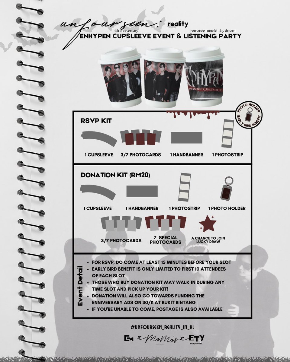 ENHYPENMalaysia's tweet photo. Weren't you guys curious about the kit? Here's a preview of the #unfourseen_reality_in_kl kit.

RSVP kit are for the ones who filled in the form and good news to those who haven't, we are opening our donation kit for only RM20. You guys can walk in at the venue to grab this kit! https://t.co/wrvJT1NQ2c