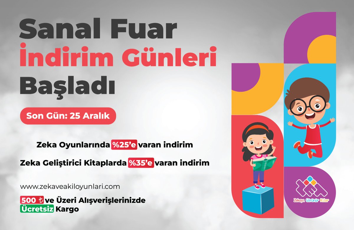 📣Oyun severlerin heyecanla beklediği sanal fuar indirim günleri başladı!
✔️Zeka ve Akıl Oyunlarında %25, Zeka Geliştirici Kitap Setlerinde %35 indirim fırsatı sizleri bekliyor.
🔗Sipariş ve detaylı bilgi için ⤵️
💻zekaveakiloyunlari.com
#ZETZeka #SanalFuar #KitapFuarı