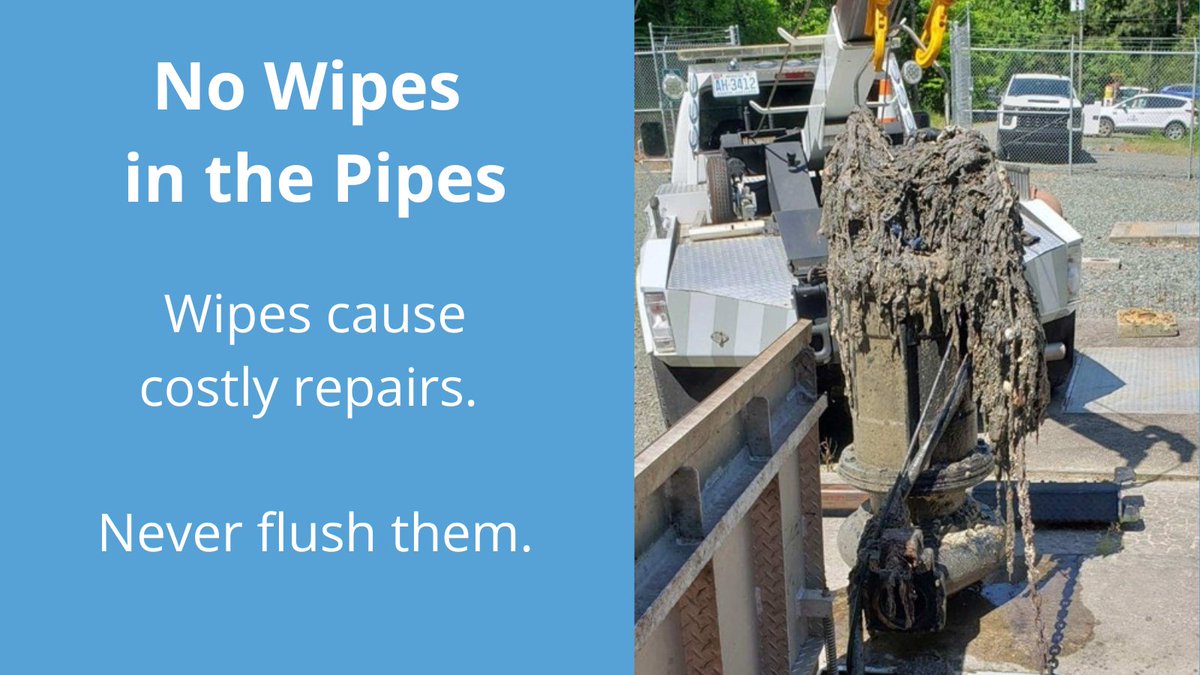 Although they are marketed as flushable, wipes cause sewer backups and damage pumps in the wastewater system. Never flush them. Learn more: youtube.com/watch?v=M9V3wQ…