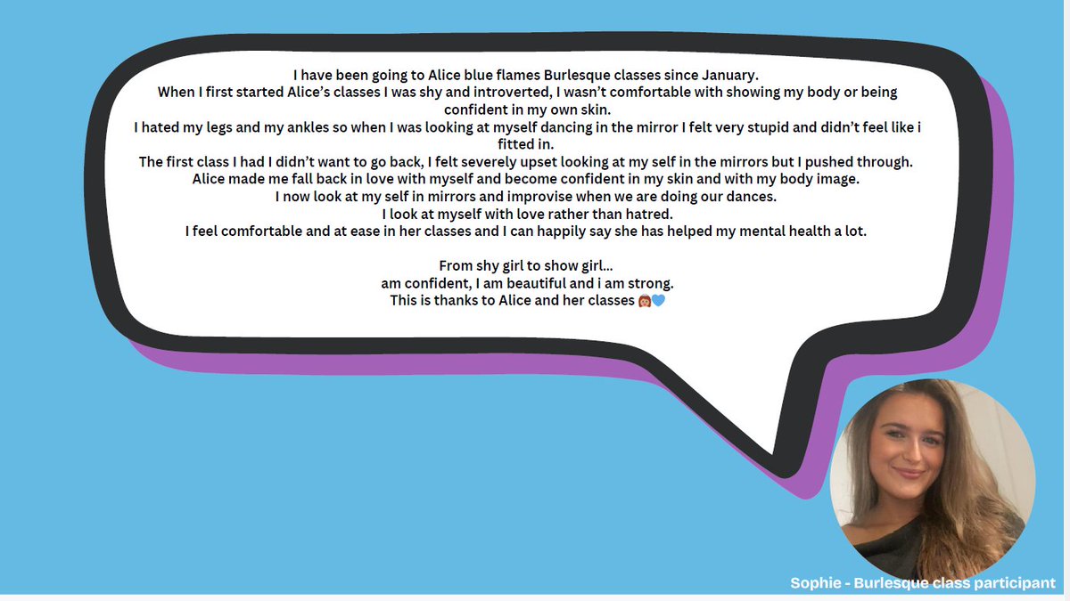 SheeNicola's tweet photo. Burlesque is one of the ways I found confidence in my body and sexuality. Check out what my clients are saying..  #testimonial #socialimpact #confidence #bodyimage https://t.co/X5mbZkrull