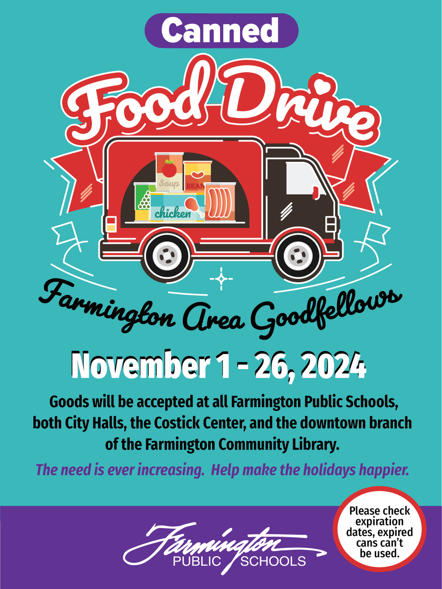 FPSInformation's tweet photo. The Farmington Area Goodfellows Annual Canned Food Drive is in full swing. Donations are being collected until November 26 at all Farmington Public Schools, both City Halls, the Costick Center, and the downtown branch of the Farmington Community Library! π₯«#FPSSuccess https://t.co/XLT3cmXMb5
