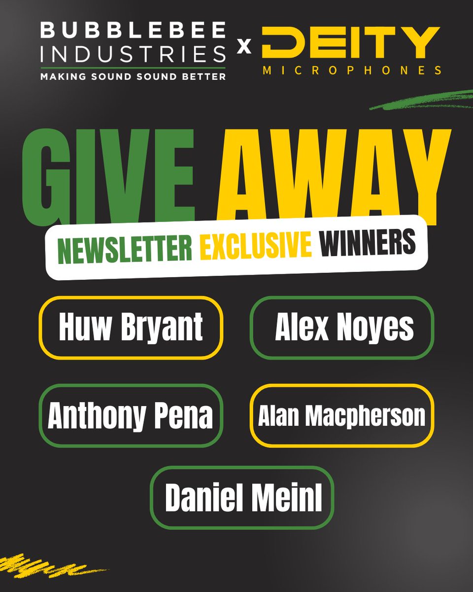 Bubblebee_Ind's tweet image. 🎉 CONGRATULATIONS to all our @deitymicrophone x BBI Giveaway Winners! 🎉

Thank you to all that entered! Make sure you're signed up to our newsletter for exclusive giveaways: bubblebeeindustries.com/pages/subscribe

All winners have been contacted via email 📧

#MakingSoundSoundBetter