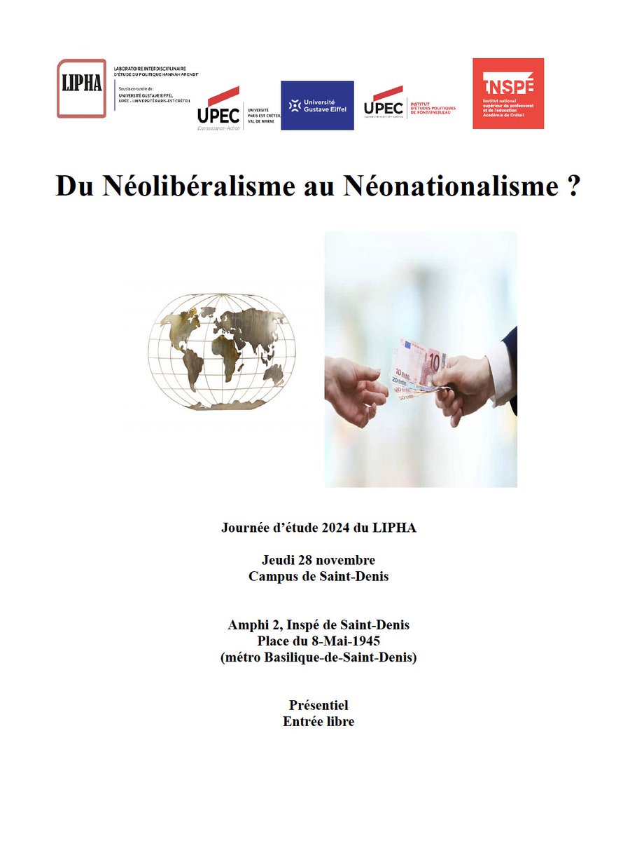 afspinfos's tweet photo. Journée d’étude du LIPHA le 28 novembre 2024 sur le thème "Du Néolibéralisme au Néonationalisme ?"
https://t.co/fNJ00SIT0O 
#partenairesinstitutionnels https://t.co/q9bv3NK3fI
